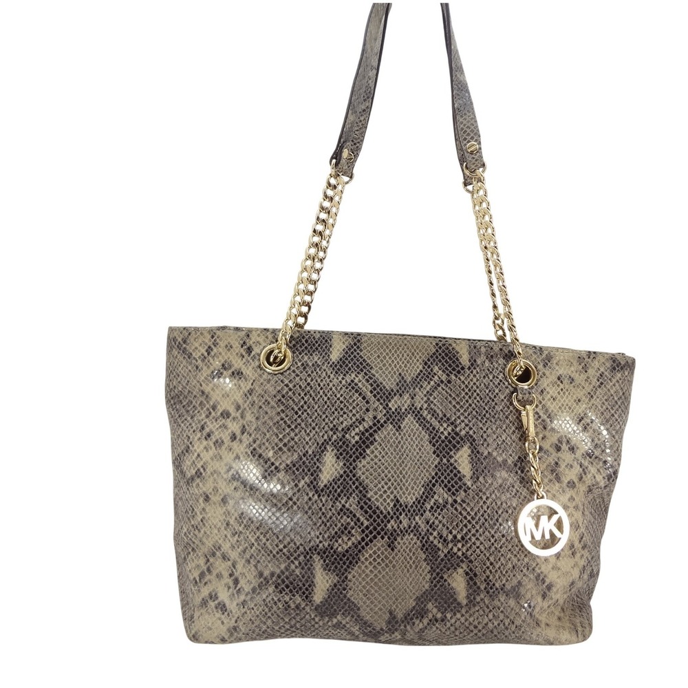 Michael Kors Tote Bag Large Grey Python Embossed Leather Chain Strap